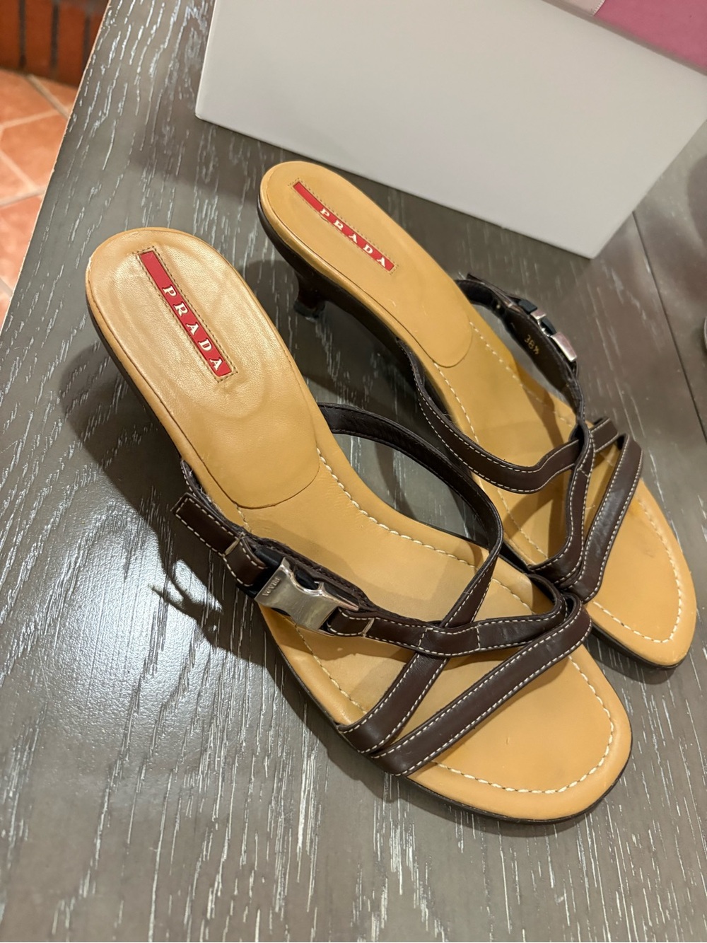 Prada Brown Leather Strappy Low Heel Sandals